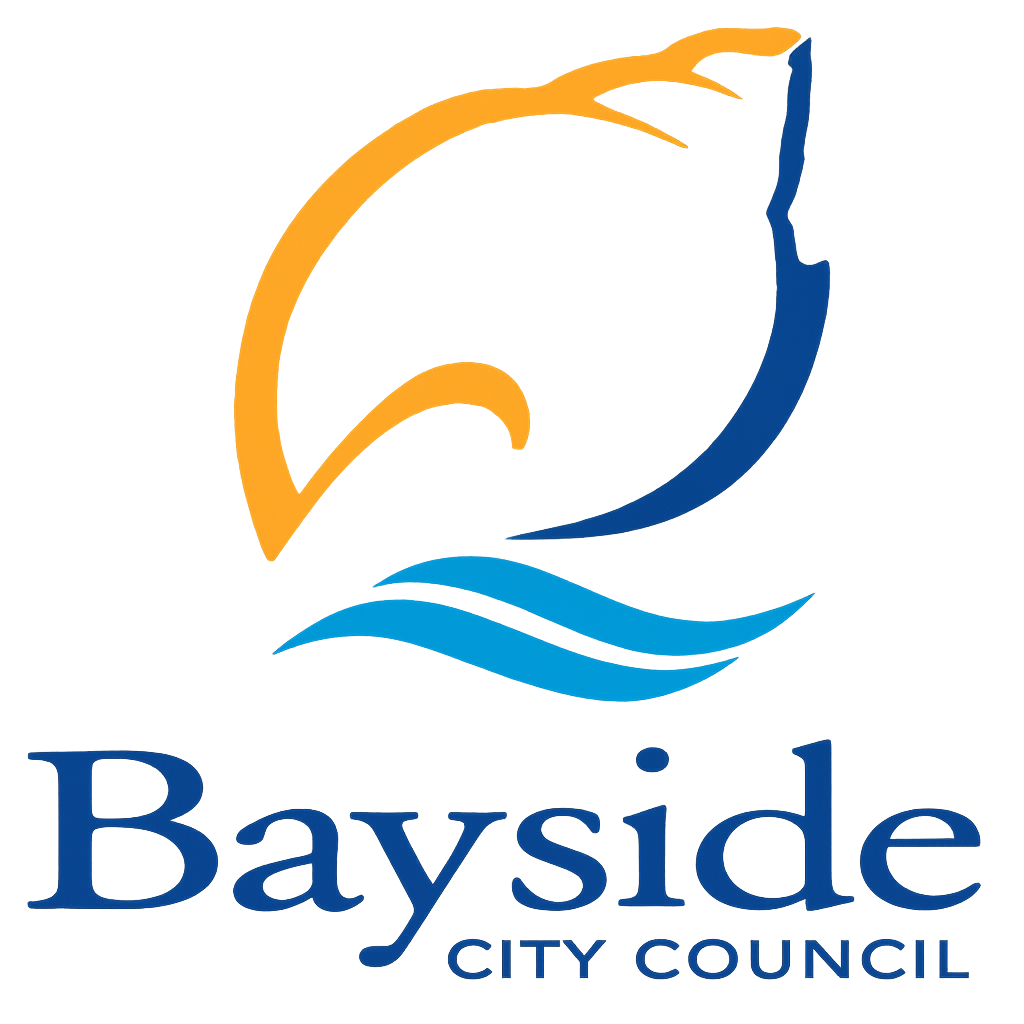 Neon Bayside City Council logo with an orange arc and blue wave on a dark background, plus 'Bayside City Council' text below.