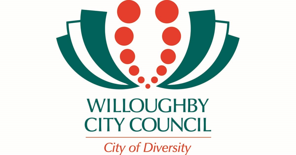 Willoughby City Council logo with teal curved arches and red dots forming a stylized arc, plus the text ‘Willoughby City Council’ and the orange slogan ‘City of Diversity’.