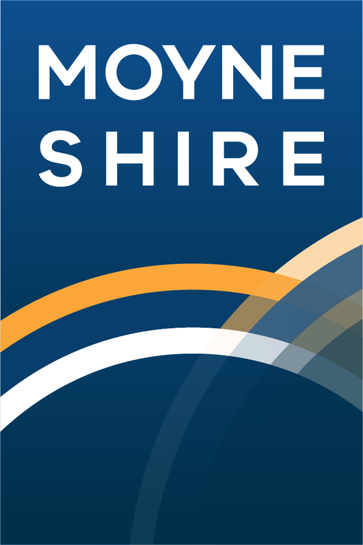Moyne Shire Council logo: bold white 'MOYNE SHIRE' on a dark blue gradient with orange and white curved ribbons.