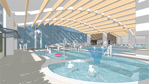 Indoor pool area with curved water features, people swimming and lounging under a wooden slat ceiling.